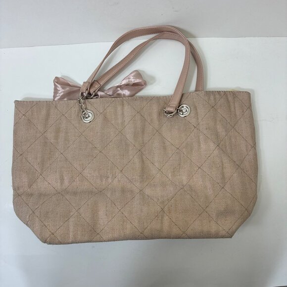 Quilted Rose Gold Linen Shoulder Bag Powder Pink Satin Bow - Picture 4 of 6